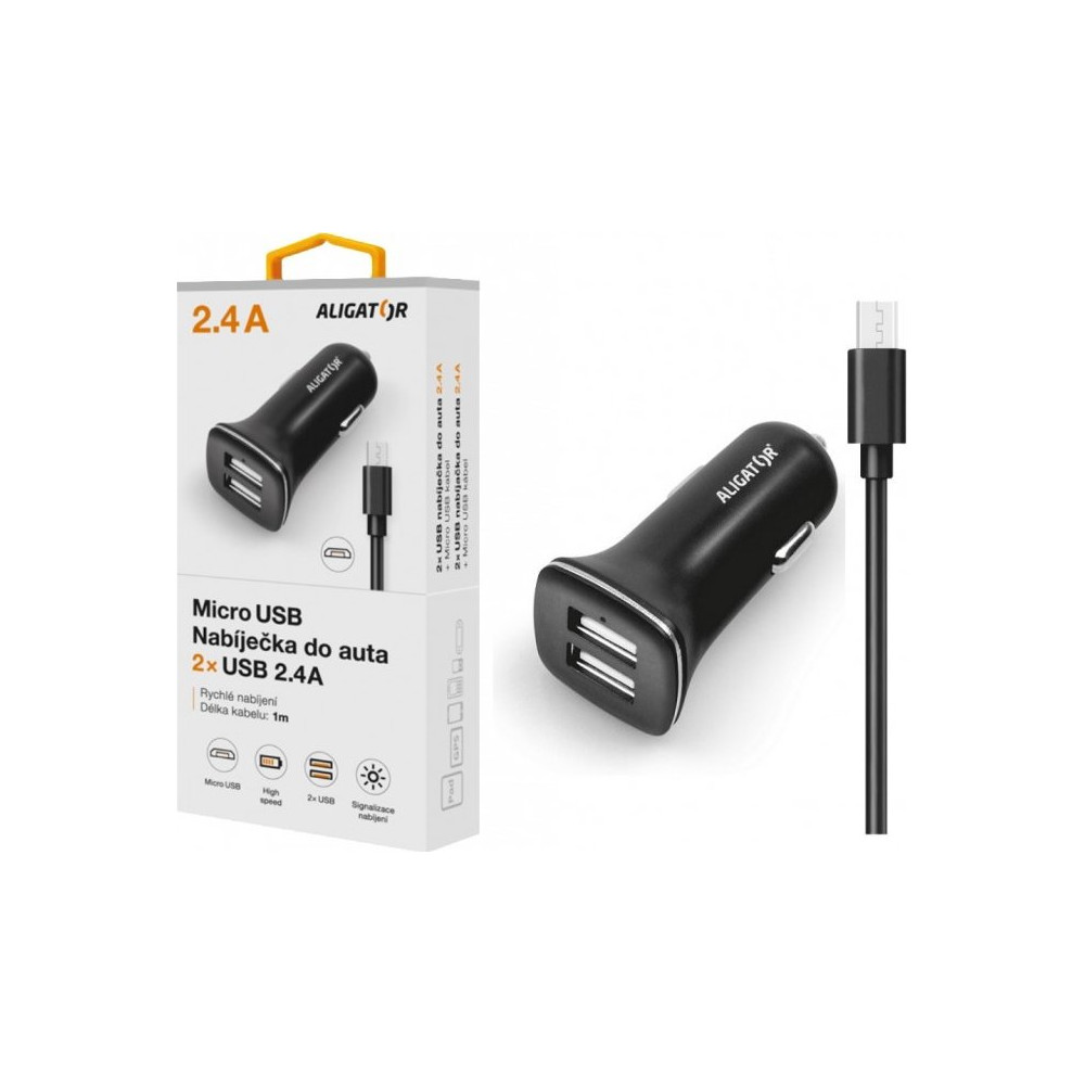 Výkonná nabíječka do auta Aligator CHA0002, Turbo charge, MicroUSB, 2x USB, černá