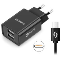 Nabíječka do sítě Aligator 2,4A, 2xUSB, smart IC, USB-C kabel (CHA0042), černá