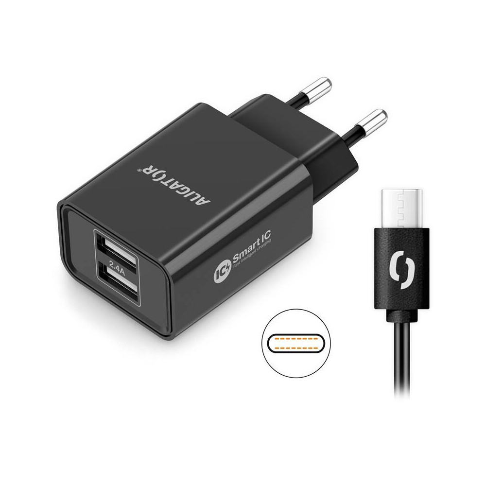 Nabíječka do sítě Aligator 2,4A, 2xUSB, smart IC, USB-C kabel (CHA0042), černá