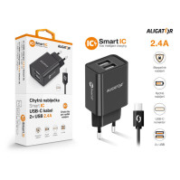 Nabíječka do sítě Aligator 2,4A, 2xUSB, smart IC, USB-C kabel (CHA0042), černá