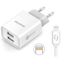 Nabíječka do sítě Aligator CHA0045 2,4A, 2xUSB, smart IC, USB kabel pro Apple, bílá