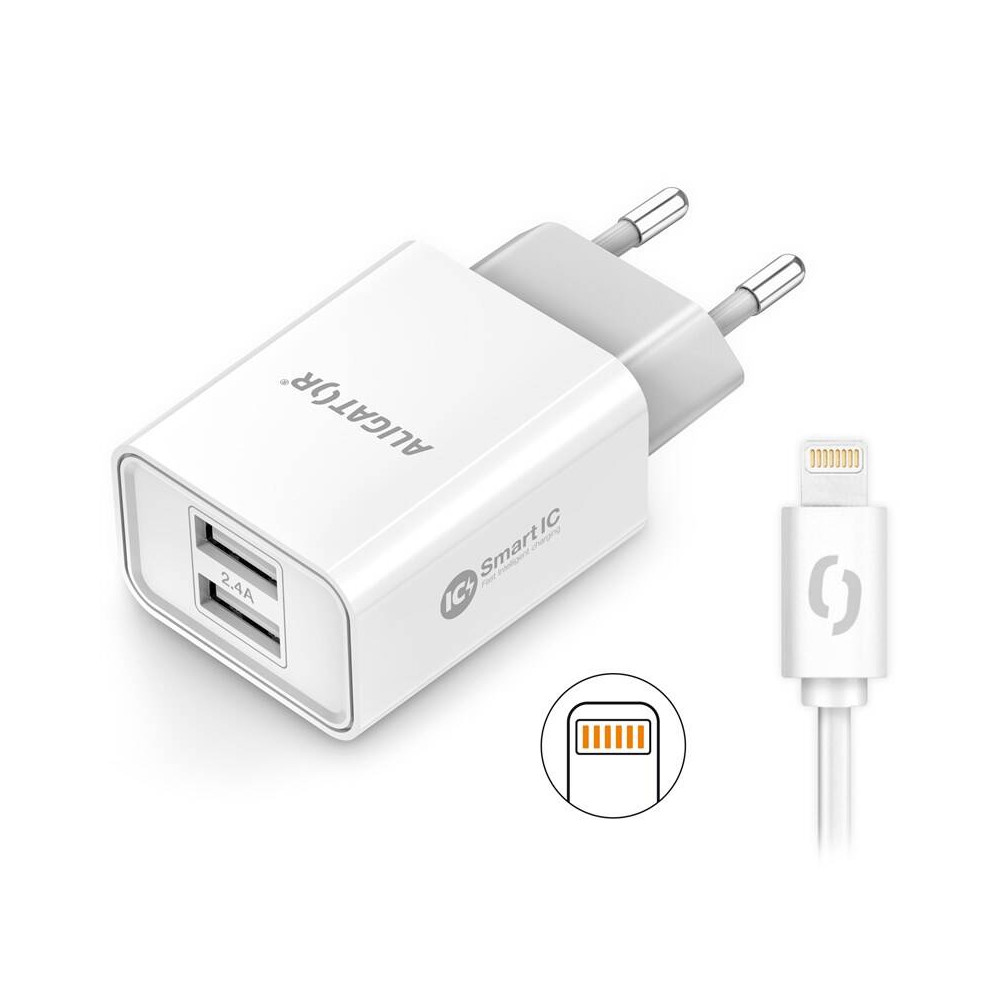 Nabíječka do sítě Aligator CHA0045 2,4A, 2xUSB, smart IC, USB kabel pro Apple, bílá