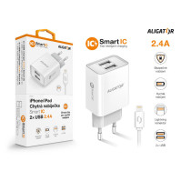 Nabíječka do sítě Aligator CHA0045 2,4A, 2xUSB, smart IC, USB kabel pro Apple, bílá