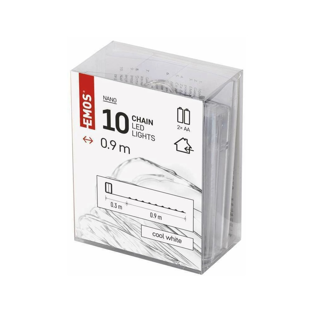 LED vánoční nano řetěz stříbrný EMOS D3AC06, 0,9 m, 2x AA, vnitřní, studená bílá, časovač