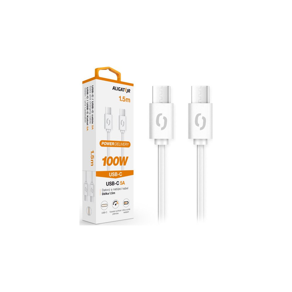 Datový kabel Aligator Power 100W, 5A, USB-C/USB-C, 1,5 m, bílá