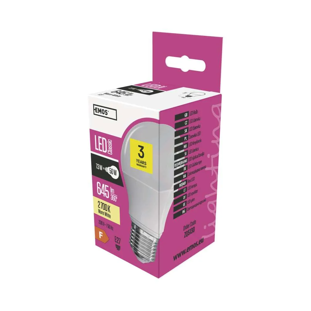 LED žárovka E27, 7,3 W (50 W), Classic A60, EMOS ZQ5130, 645 lm, teplá bílá