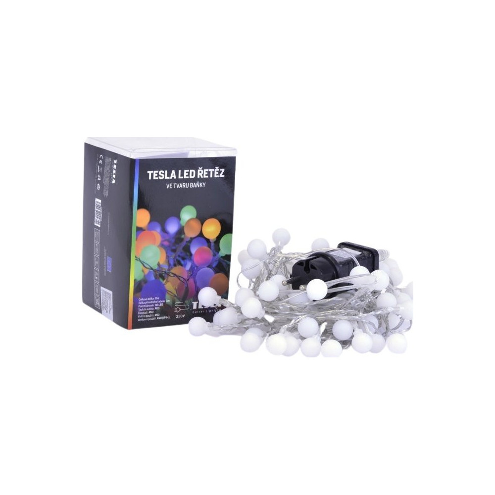Dekorativní řetěz Tesla VO238MIO2 Baňka 1,8 cm, 80 LED, RGB, 230V, 8 m + 3 m kabel, časovač, IP44
