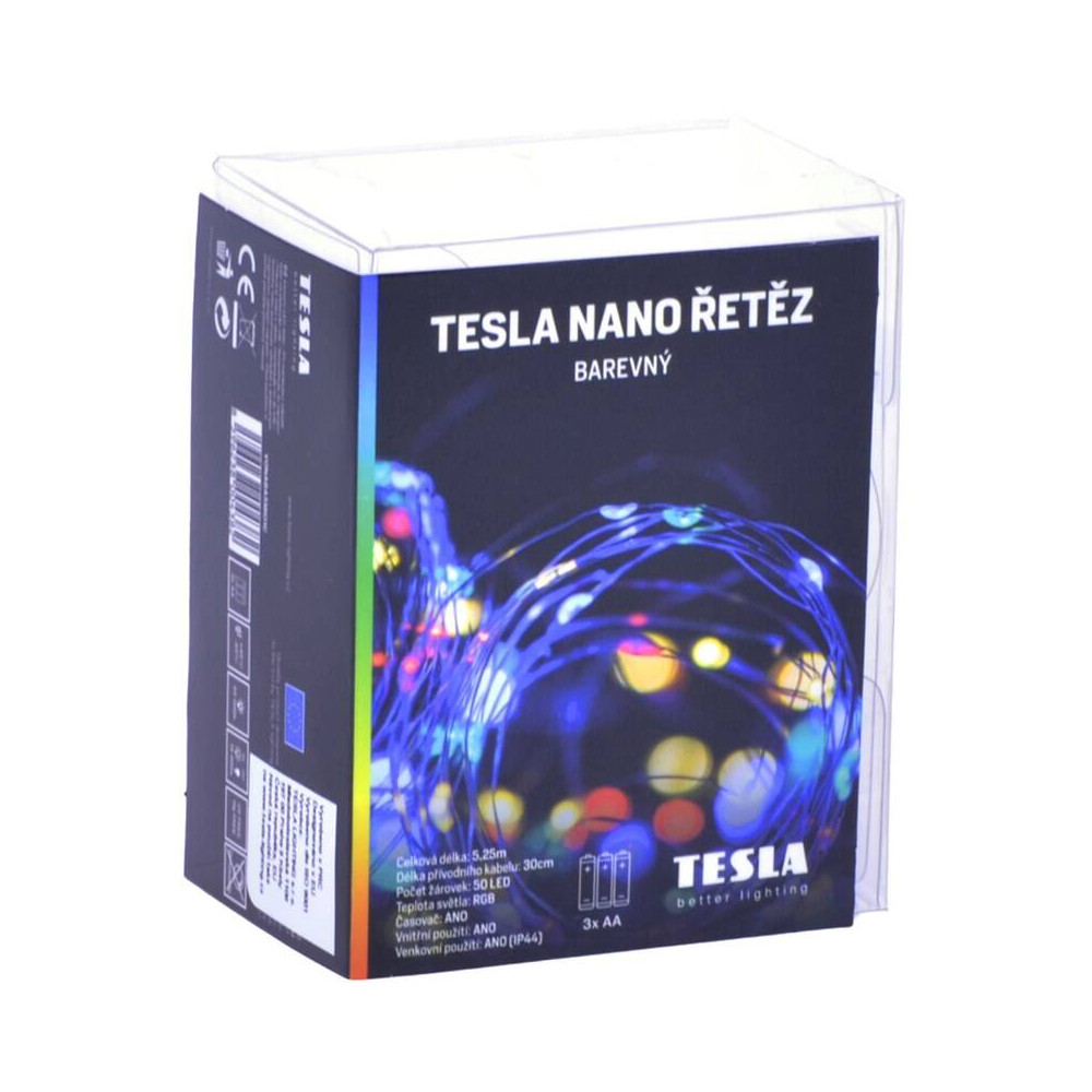 Vánoční osvětlení Tesla Lightning nano řetěz 50 LED (VONABA5MIO1C), RGB, 5m + 30cm kabel, 3x AA baterie, časovač, IP44
