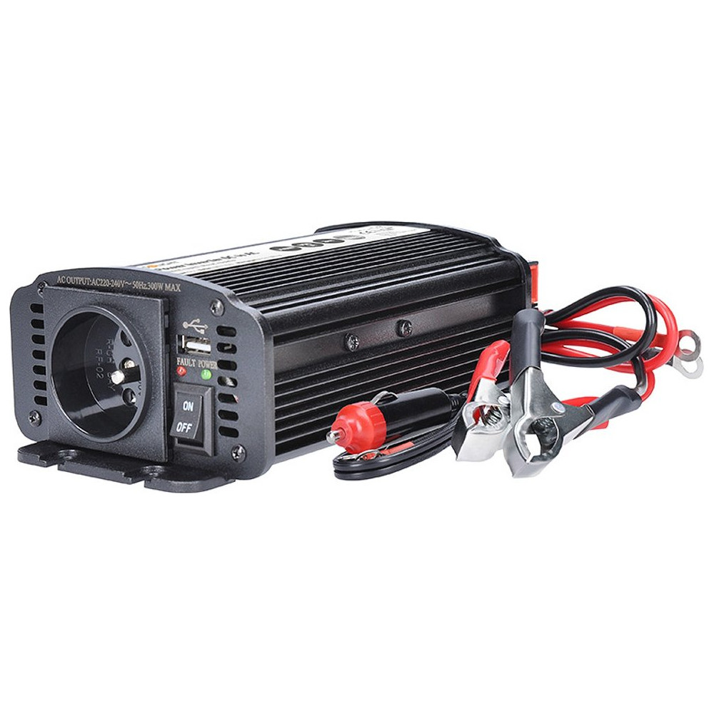 Měnič napětí Solight IN06 z 12 V na 230 V, 300W, kovový, černý, 12V + USB 500 mA