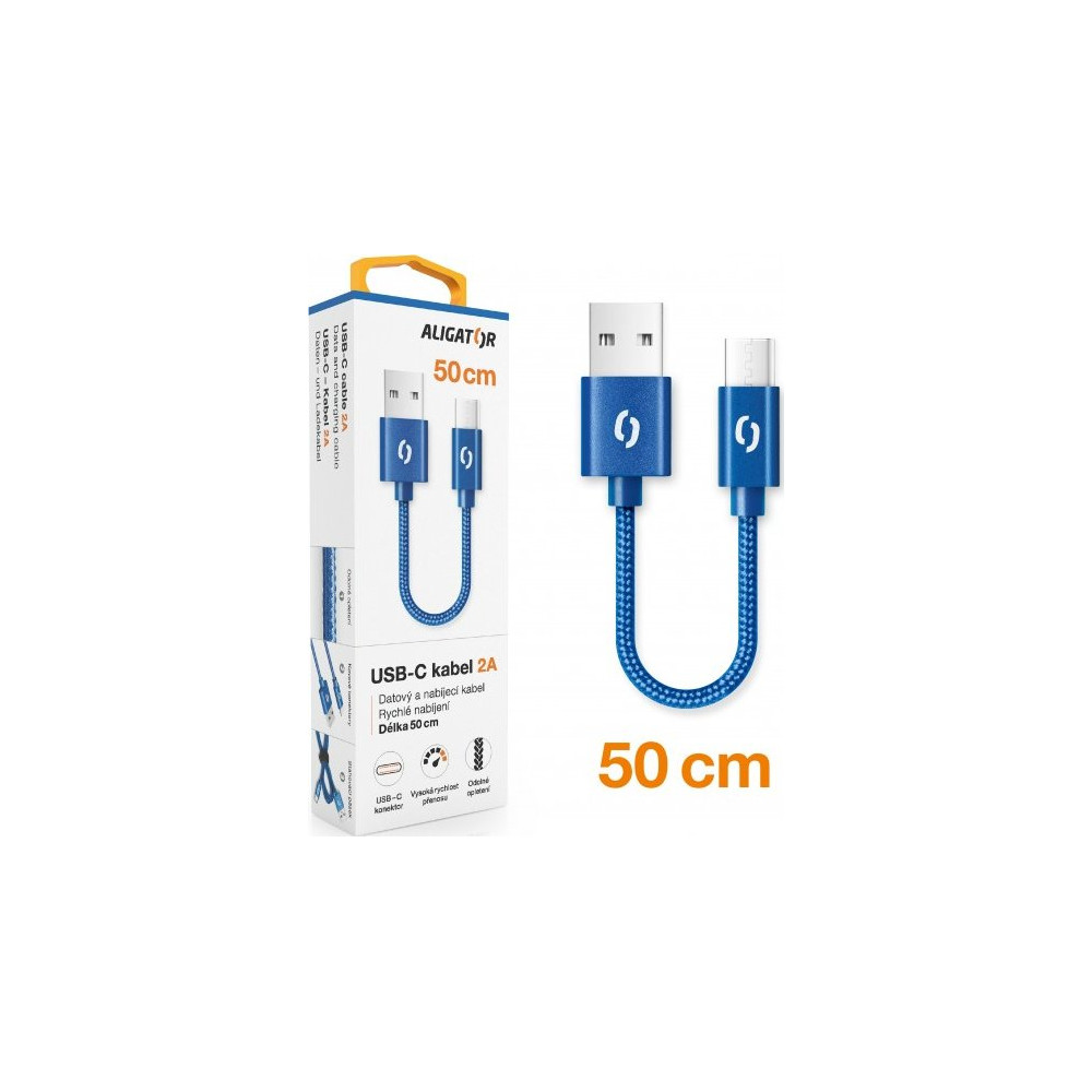 Datový kabel Aligator Premium DATKP40 2A, 50 cm, USB-C na USB, modrý