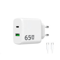 Síťová nabíječka GaN, USB-C + USB-A, 65W + kabel USB-C, bílá