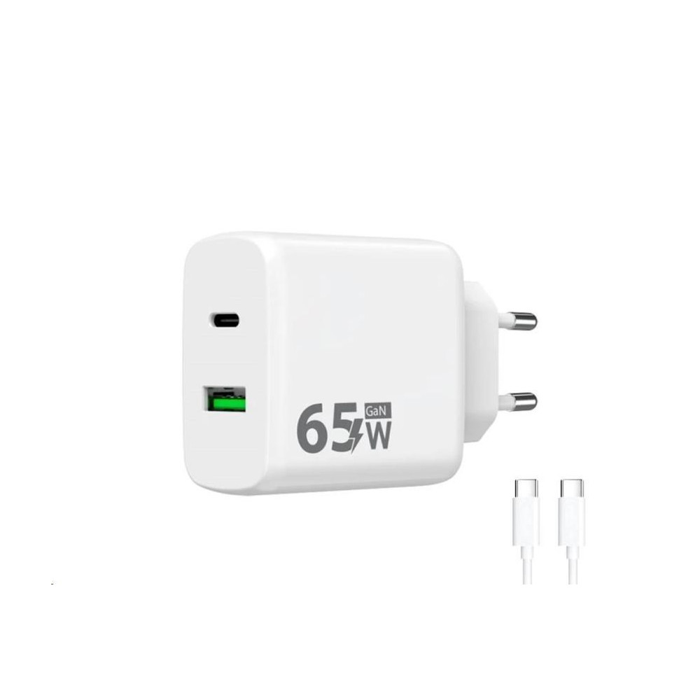 Síťová nabíječka GaN, USB-C + USB-A, 65W + kabel USB-C, bílá