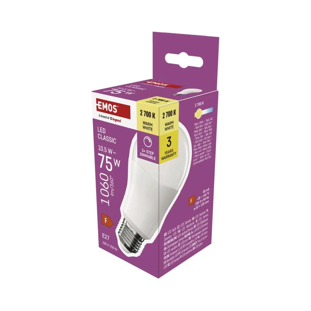 LED žárovka E27, 10,5 W (75 W), krokově stmívatelná, Classic A60, 1 060 lm, teplá bílá