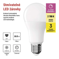 LED žárovka E27, 10,5 W (75 W), krokově stmívatelná, Classic A60, 1 060 lm, teplá bílá