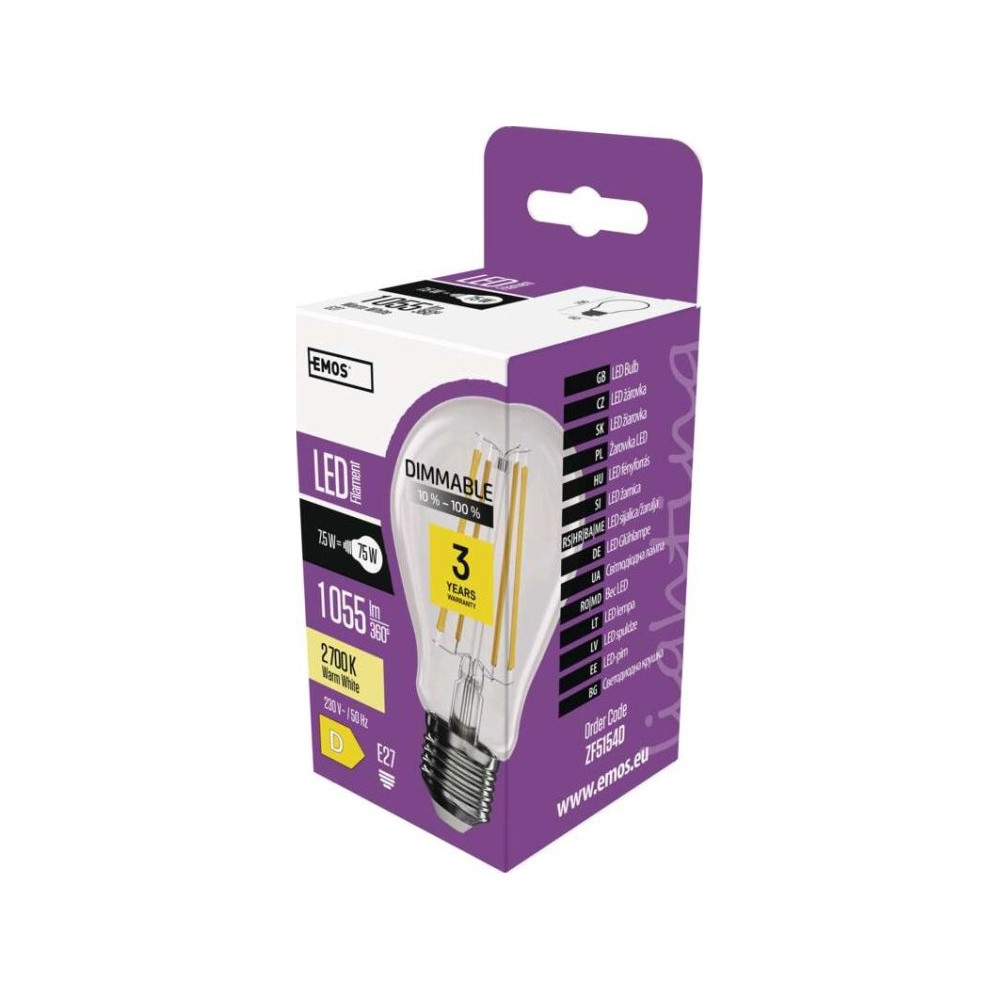 LED žárovka Filament A60, E27, 7,5W (75 W), 1 055 lm, teplá bílá, stmívatelná