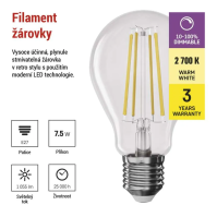 LED žárovka E27, 7,5W (75 W), stmívatelná, Filament A60, 1 055 lm, teplá bílá