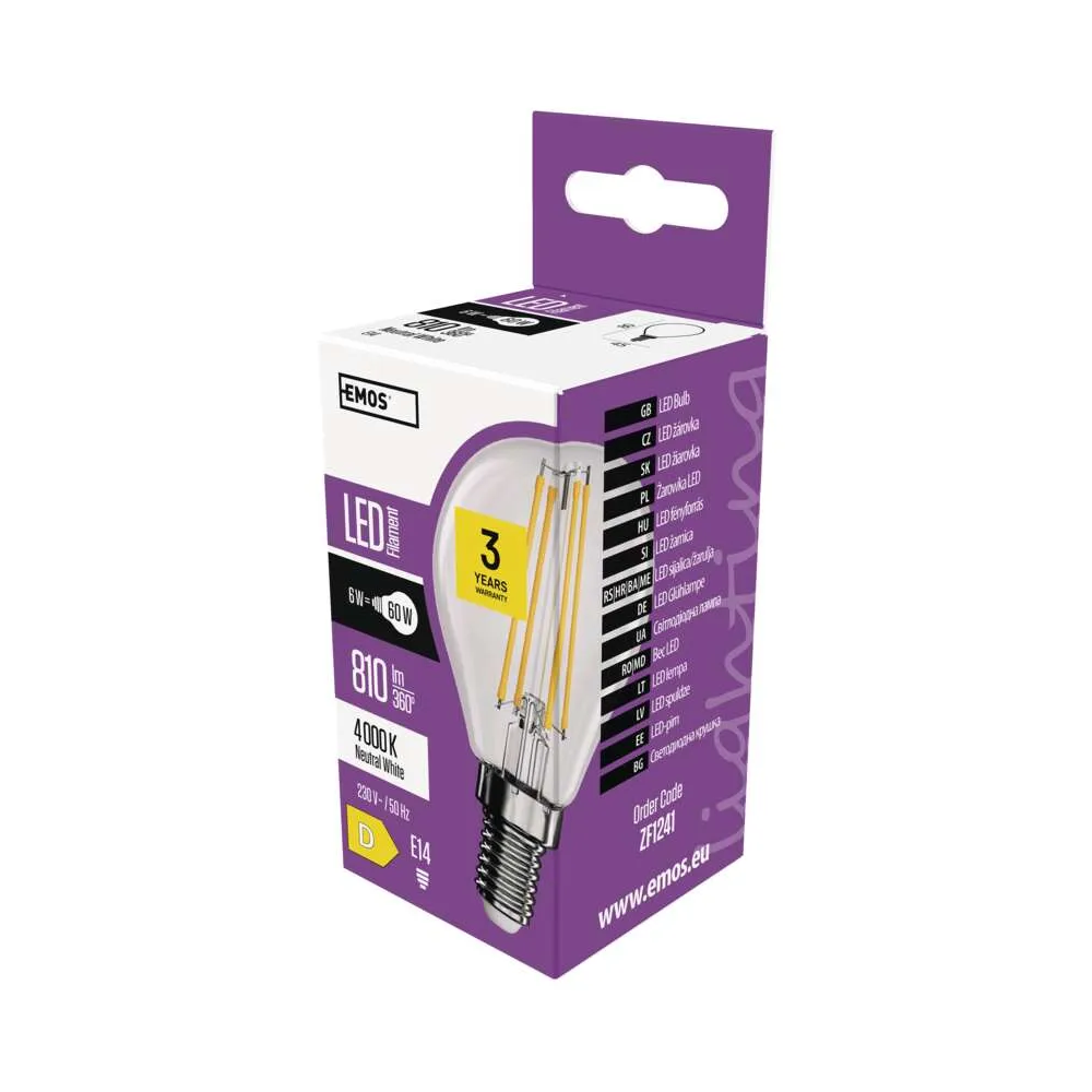 LED žárovka E14, 6 W (60 W), Filament Mini Globe, 810 lm, neutrální bílá