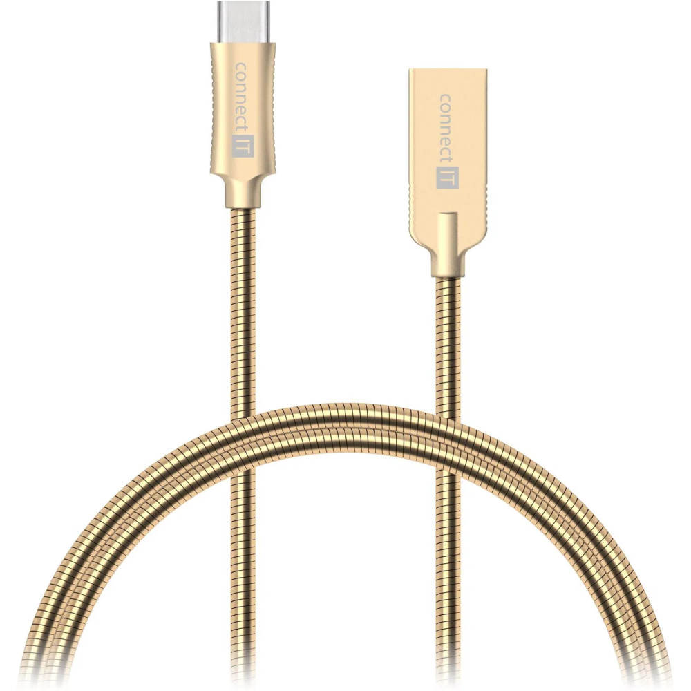 Kabel Connect IT Wirez Steel Knight USB/USB-C, ocelový, opletený, 1 m (CCA-5010-GD), zlatý