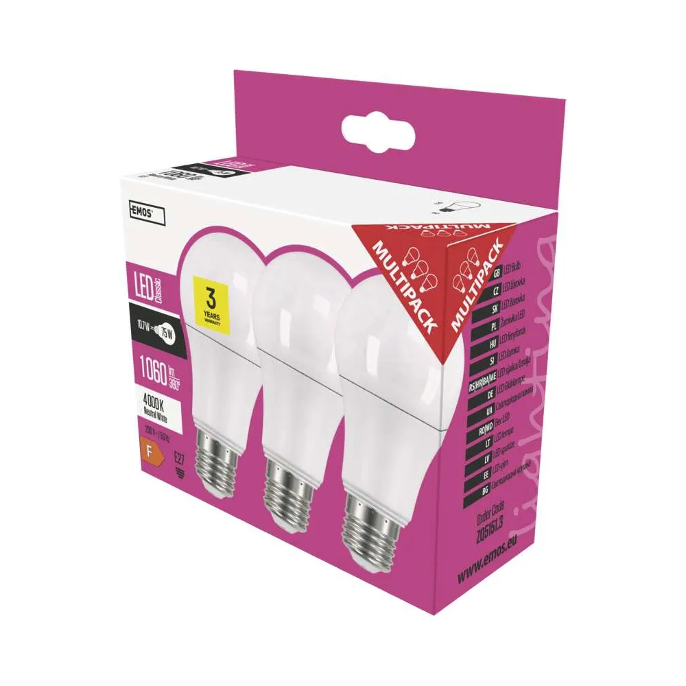 LED žárovka E27, 10,7 W (75 W), Classic A60, 1 060 lm, neutrální bílá, 3 ks