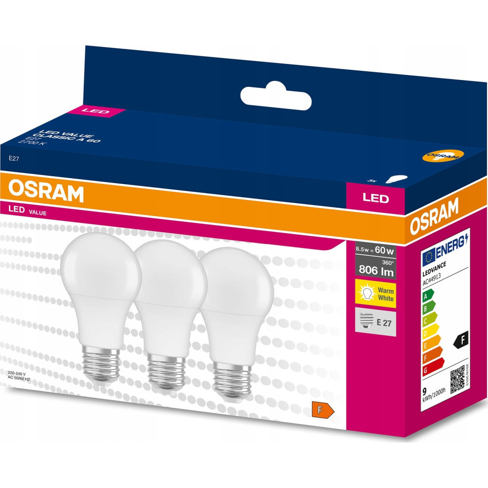 LED žárovka E27, 8,5 W (60 W), OSRAM LED VALUE CLAS A 60, 2700 K (teplá bílá), 3 ks