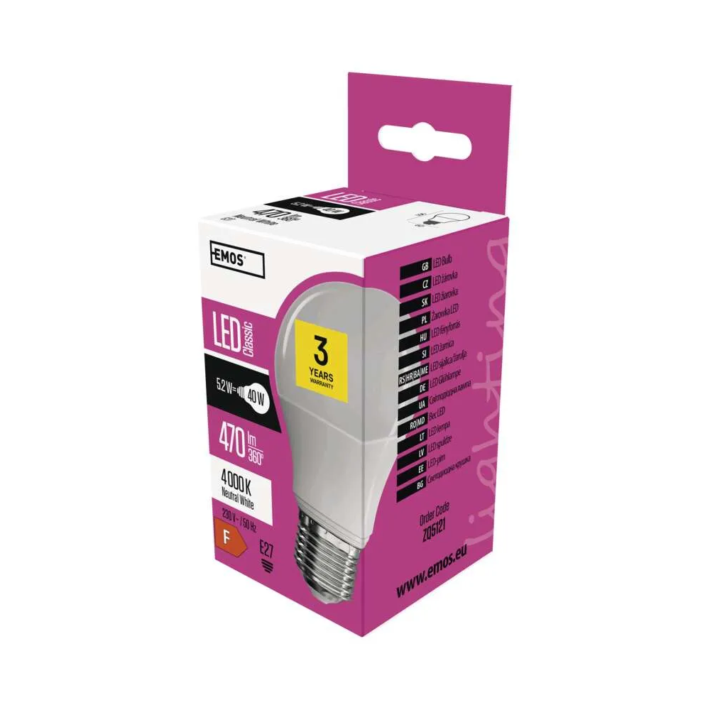 LED žárovka E27, 5,2 W (40 W), Classic A60, 470 lm, neutrální bílá