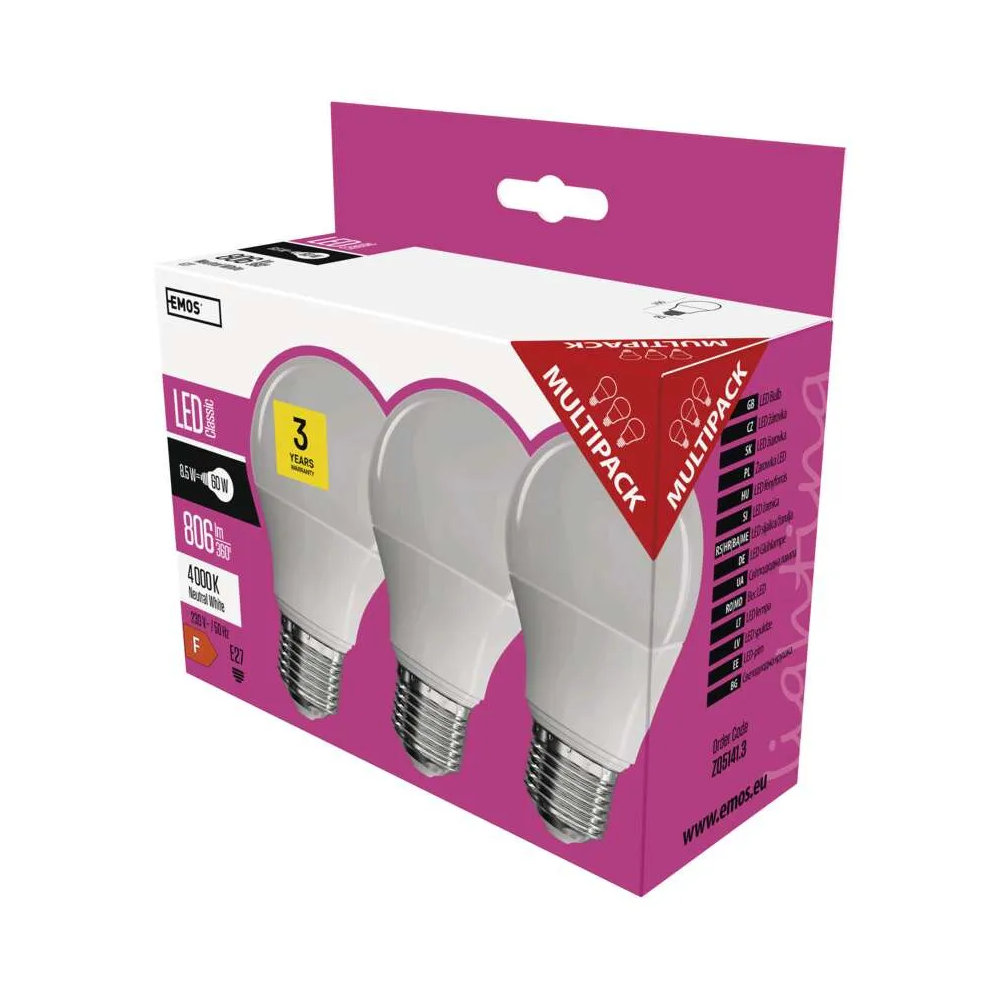 LED žárovka E27, 8,5 W (60 W), Classic A60, 806 lm, neutrální bílá, 3 ks