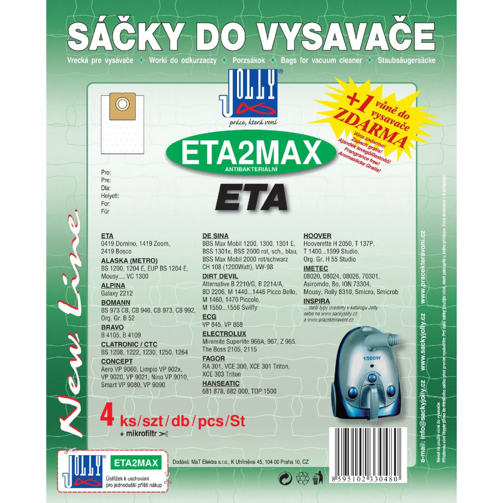 Jolly ETA2MAX - textilní sáčky do vysavačů ETA a dalších, antibakteriální, 4 ks