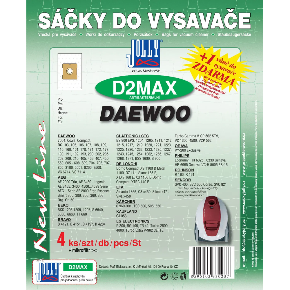 Jolly D2MAX - textilní sáčky do vysavačů AEG; ETA a dalších, antibakteriální, 4 ks