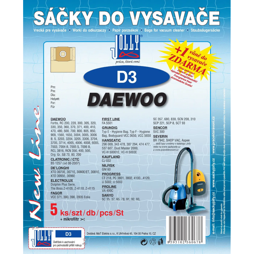 Jolly D3 - sáčky do vysavačů Daewoo, Tesla/Team a dalších, 5 ks
