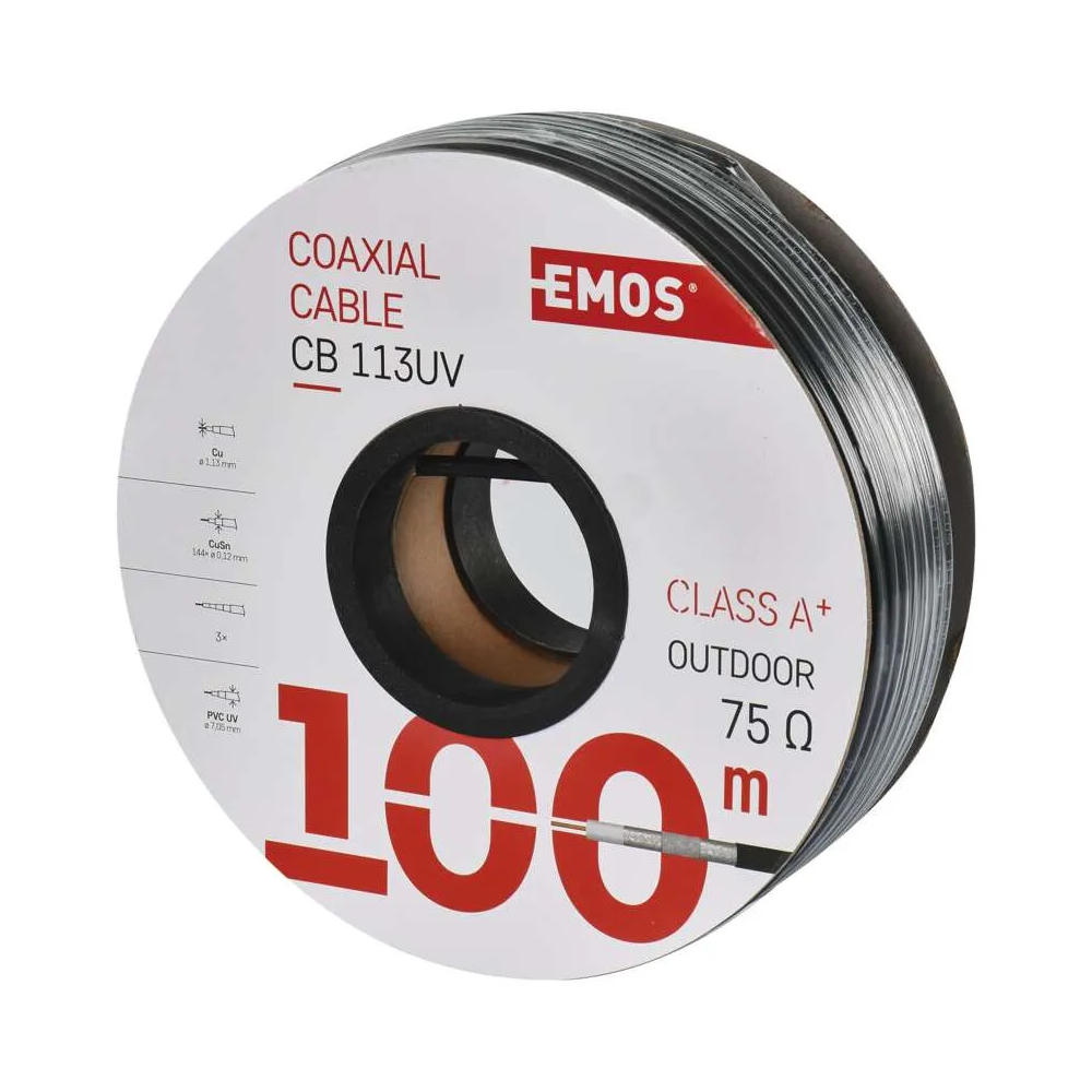 Koaxiální kabel EMOS CB113UV, 100 m kotouč, venkovní, 75 Ohm, 3 stínění