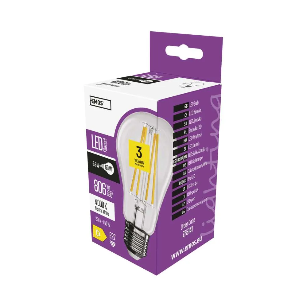 LED žárovka E27, 5,9 W (60 W), Filament A60, 806 lm, neutrální bílá